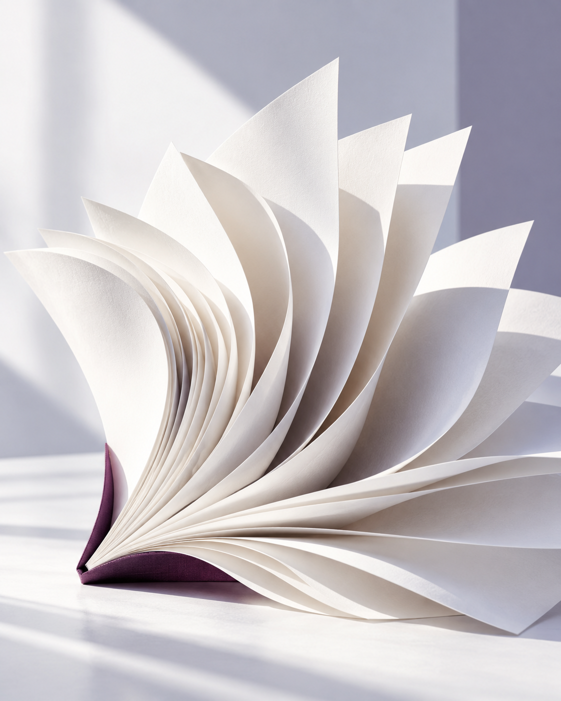 Original editorial artwork: luminous, unprinted book pages unfolding into sculptural waves of light.
